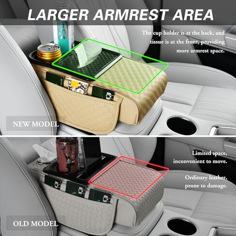 Car Center Console Cover, Armrest Cover for Storing Water Cups, Tissues, Cards, and Phones, 4-in-1 Center Cover with Soft Leather and High Resilience Memory Foam (Black) in Saudi Arabia