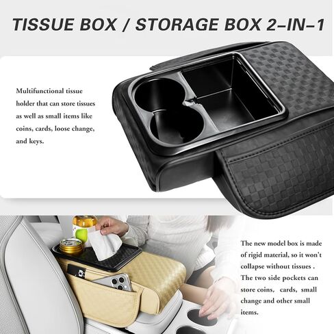Car Center Console Cover, Armrest Cover for Storing Water Cups, Tissues, Cards, and Phones, 4-in-1 Center Cover with Soft Leather and High Resilience Memory Foam (Black) in Saudi Arabia