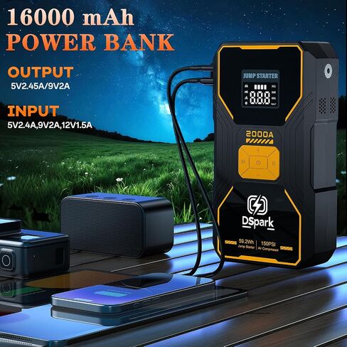 16000mah 2000a قفزة للسيارات قفز البطارية المحمولة الداعم لـ 7.0 لتر غاز و 6.5 لتر محركات ديزل 12V مع مصباح يدوي سريع الشحن USB وحالة التخزين المدمجة in Kuwait
