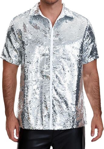 Lars Amadeus Sequin Shirt for Men's Short Sleeve Button Down 70s Disco Party Sparkle Shiny Dress Shirts in Saudi Arabia