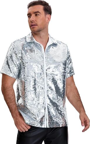 Lars Amadeus Sequin Shirt for Men's Short Sleeve Button Down 70s Disco Party Sparkle Shiny Dress Shirts in Saudi Arabia