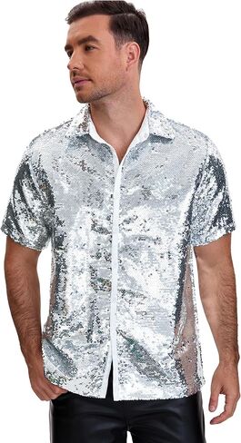 Lars Amadeus Sequin Shirt for Men's Short Sleeve Button Down 70s Disco Party Sparkle Shiny Dress Shirts in Saudi Arabia