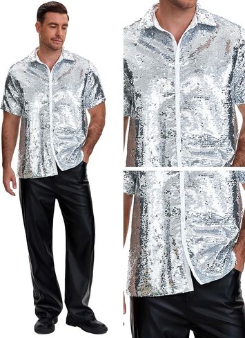 Lars Amadeus Sequin Shirt for Men's Short Sleeve Button Down 70s Disco Party Sparkle Shiny Dress Shirts in Saudi Arabia