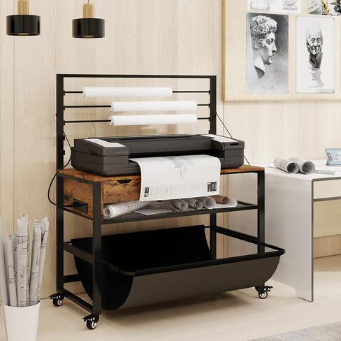 Natwind Wide Format Stand ، طاولة Workbench Workbend مع تخزين الصياغة السحب ، حامل ورق لفة ، درج ملحق ، رف تخزين قابل للتعديل للمخططات وآلات القطع (أسود) in Kuwait