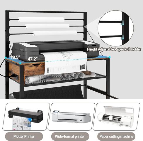 Natwind Wide Format Stand ، طاولة Workbench Workbend مع تخزين الصياغة السحب ، حامل ورق لفة ، درج ملحق ، رف تخزين قابل للتعديل للمخططات وآلات القطع (أسود) in Kuwait