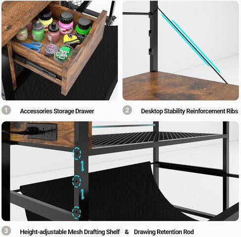 Natwind Wide Format Stand ، طاولة Workbench Workbend مع تخزين الصياغة السحب ، حامل ورق لفة ، درج ملحق ، رف تخزين قابل للتعديل للمخططات وآلات القطع (أسود) in Kuwait