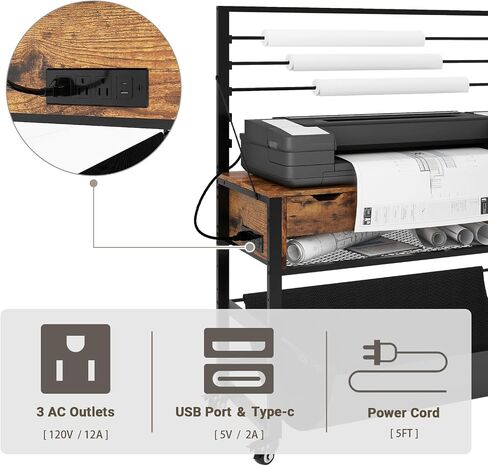 Natwind Wide Format Stand ، طاولة Workbench Workbend مع تخزين الصياغة السحب ، حامل ورق لفة ، درج ملحق ، رف تخزين قابل للتعديل للمخططات وآلات القطع (أسود) in Kuwait