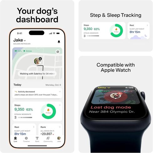 New Fi Series 3+ ذكية تتبع الكلاب تتبع - AI GPS للكلاب ، مراقبة الصحة والسلوك ، السياج الافتراضي ، تنبيهات الهروب ، مقاومة للماء ، عضوية 12mo متوافقة مع Apple Watch in Kuwait
