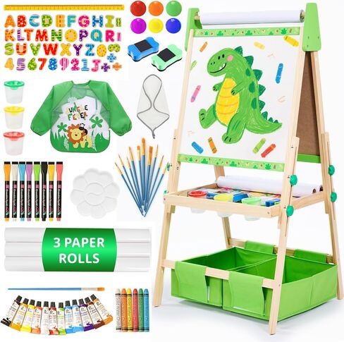 Art Easel for Kids تتراوح أعمارهم بين 2-4 4-8 ، طفل صغير مع 3 لفائف ورقية ولوحة بيضاء مغناطيسية وأطفال من الفنون الخشبية القابلة للتعديل مع الأطفال الصغار 2،3،4،5،6،7،8،9،10 سنة الأولاد والبنات ، الأخضر in Kuwait
