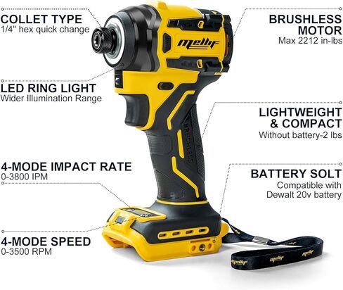 مفك تأثير 1/4 بوصة متوافق مع بطارية Dewalt 20V 60V Max (الأداة فقط)، عزم دوران 2212 رطل، 4 سرعات، محرك بدون فرش، ضوء LED in Kuwait