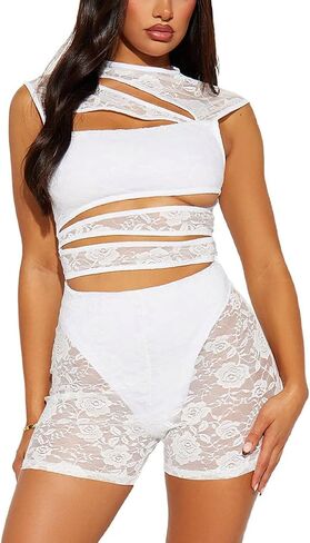 Lace Rompers for Women Sleeveless Short Jumpsuits Hollow Out Mesh See Through Bodysuit Club Tank Top 2025 in Saudi Arabia