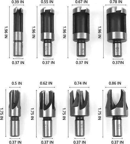 Wood Plug Cutter Drill Bit Set, 8 Pack Straight and Tapered Plug Cutters for DIY Woodworking Projects, 4 Sizes Hex Shank, Black in Saudi Arabia