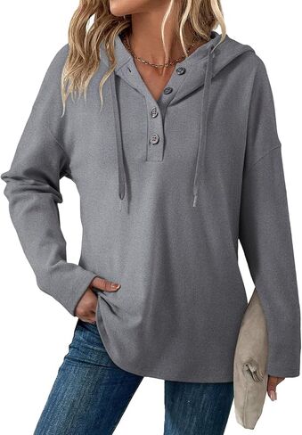 Dokotoo Women's Casual Hoodies Button Collar Drawstring Hooded Solid Long Sleeve Knit Lightweight Sweatshirt Tops in Saudi Arabia