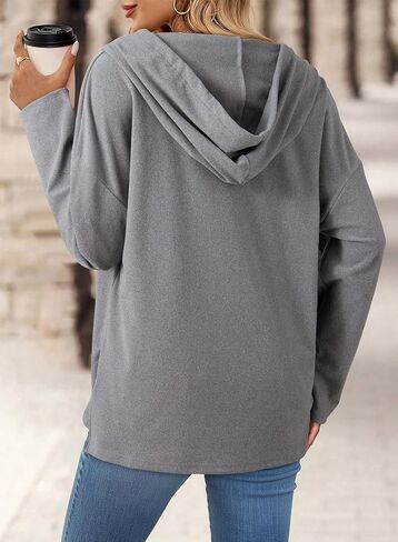 Dokotoo Women's Casual Hoodies Button Collar Drawstring Hooded Solid Long Sleeve Knit Lightweight Sweatshirt Tops in Saudi Arabia