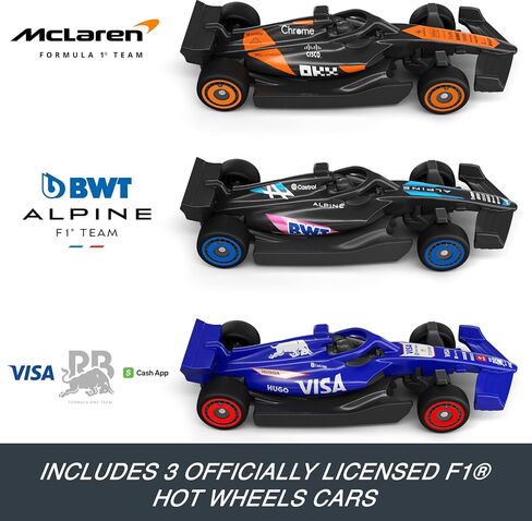 مجموعة مسار سيارة Hot Wheels ، 3 مركبات فورمولا 1 مموفة في 1:64 مقياس: McLaren F1 Team ، Alpine & VCARB ، حلبة سباق العدو (قد تختلف الفرق) in Saudi Arabia