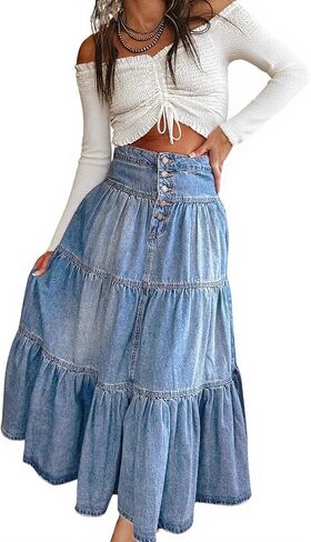 utcoco Women's High Waist Long Denim Skirt Button-Fly Tiered Ruffle Swing A-Line Jean Maxi Skirt with Pockets in Saudi Arabia