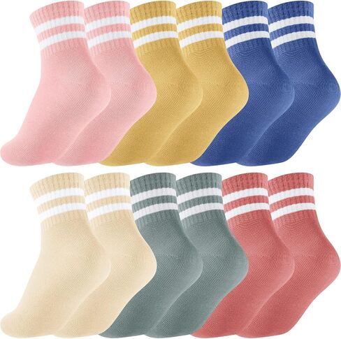 Shihanee 6 Pairs Socks for Girls Kids Pink Crew Athletic Socks with Stripes Heart 4-12 Years Old Cotton Back to School Gift in Kuwait