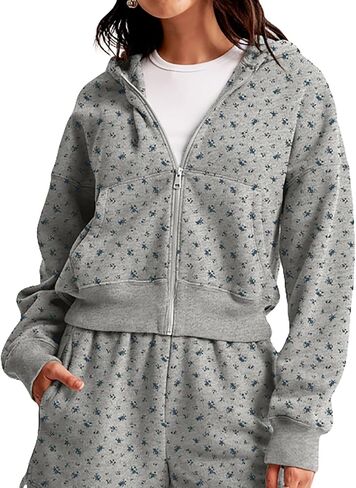 Women Cute Ditsy Floral Front Zip Up Cropped Jackets Hoodies Y2k Hooded Fleece Sweatshirts Trendy Fall Outfits in Saudi Arabia