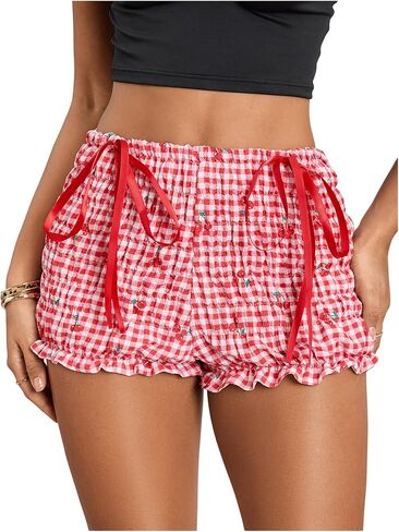 Women's Cherry Print Ruffle Mini Shorts Y2k Bowknot Coquette Causal Shorts in Kuwait
