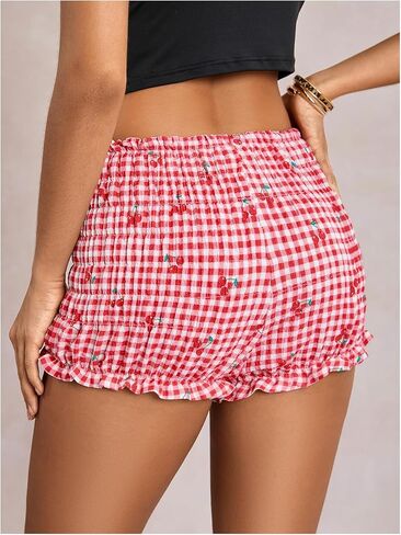 Women's Cherry Print Ruffle Mini Shorts Y2k Bowknot Coquette Causal Shorts in Kuwait