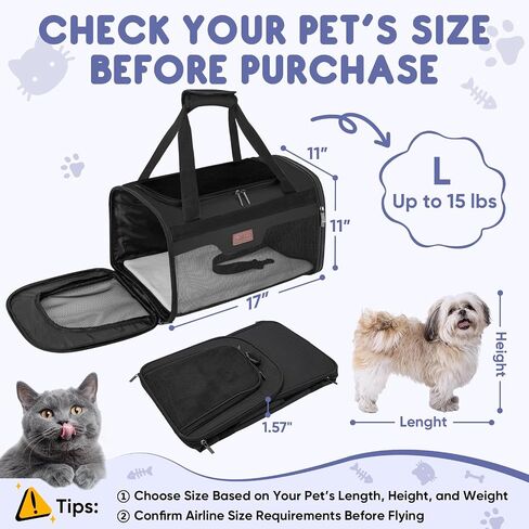 BALEINE Cat Carrier, Puppy Dog Carrier for Small Medium Pets Up to 15 Lbs, Soft-Sided Dog Travel Bag with Safety Zippers, Collapsible Pet Carrying Case (Gray, L, 17"x11"x11") in Saudi Arabia
