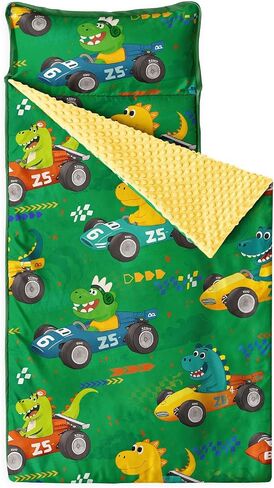 Wake In Cloud - Toddler Nap Mat with Pillow and Minky Fleece Blanket, for Kids Boys in Daycare Preschool Kindergarten, Roll Up Sleeping Bag, Colorful Dinosaur Race Car, Grass Green, Standard in Saudi Arabia