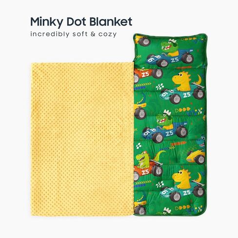 Wake In Cloud - Toddler Nap Mat with Pillow and Minky Fleece Blanket, for Kids Boys in Daycare Preschool Kindergarten, Roll Up Sleeping Bag, Colorful Dinosaur Race Car, Grass Green, Standard in Saudi Arabia
