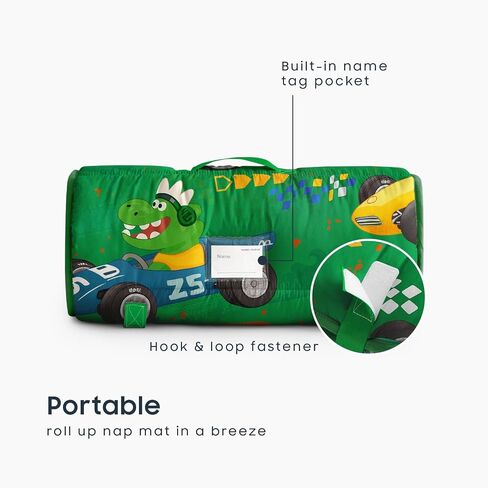 Wake In Cloud - Toddler Nap Mat with Pillow and Minky Fleece Blanket, for Kids Boys in Daycare Preschool Kindergarten, Roll Up Sleeping Bag, Colorful Dinosaur Race Car, Grass Green, Standard in Saudi Arabia