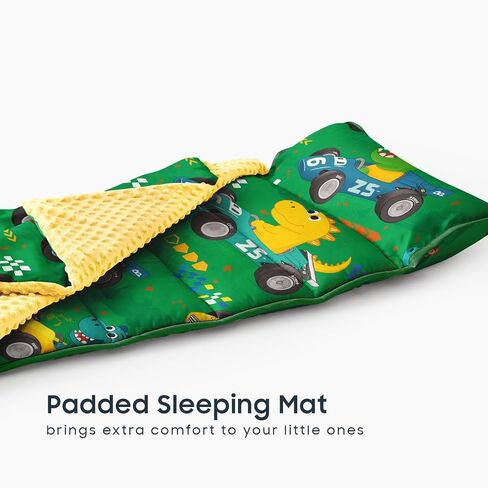 Wake In Cloud - Toddler Nap Mat with Pillow and Minky Fleece Blanket, for Kids Boys in Daycare Preschool Kindergarten, Roll Up Sleeping Bag, Colorful Dinosaur Race Car, Grass Green, Standard in Saudi Arabia