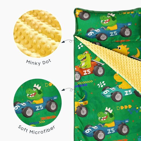 Wake In Cloud - Toddler Nap Mat with Pillow and Minky Fleece Blanket, for Kids Boys in Daycare Preschool Kindergarten, Roll Up Sleeping Bag, Colorful Dinosaur Race Car, Grass Green, Standard in Saudi Arabia