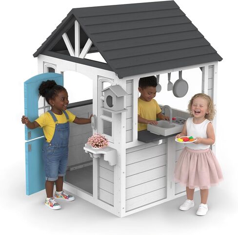 Kids Playhouse-Playset في الهواء الطلق والداخلي ، Playhouse Wooden Playhouse Modern Gray Cedar للأطفال من سن 4 إلى 8 سنوات مع مجموعة المطبخ الوظيفية (تشمل الموقد ، بالوعة) جرس الباب التفاعلي (بني) in Kuwait
