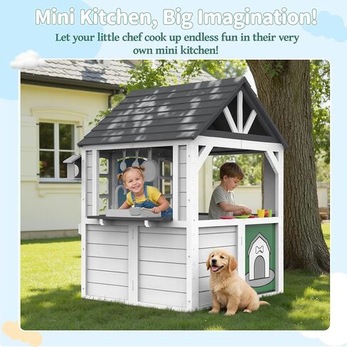 Kids Playhouse-Playset في الهواء الطلق والداخلي ، Playhouse Wooden Playhouse Modern Gray Cedar للأطفال من سن 4 إلى 8 سنوات مع مجموعة المطبخ الوظيفية (تشمل الموقد ، بالوعة) جرس الباب التفاعلي (بني) in Kuwait