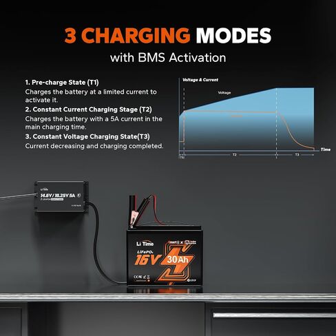 LiTime 12V(14.6V) & 16V(18.25V) 20A Mountable LiFePO4 Battery Charger - IP65 Waterproof AC to DC Fast Charger with Adjustable Voltage, Smart BMS Activation & LED Indicator in Kuwait
