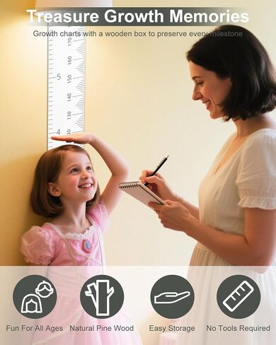6.5FT Growth Chart for Kids with Wooden Keepsake Box - Children Height Measurement Kit Includes Marker Pen & Wall Hook, Height Tracker Ruler Baby Essentials, Nursery Room Decor Gift for Baby to Teen in Saudi Arabia