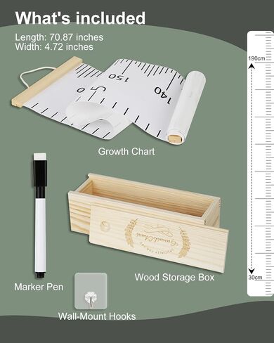 6.5FT Growth Chart for Kids with Wooden Keepsake Box - Children Height Measurement Kit Includes Marker Pen & Wall Hook, Height Tracker Ruler Baby Essentials, Nursery Room Decor Gift for Baby to Teen in Saudi Arabia