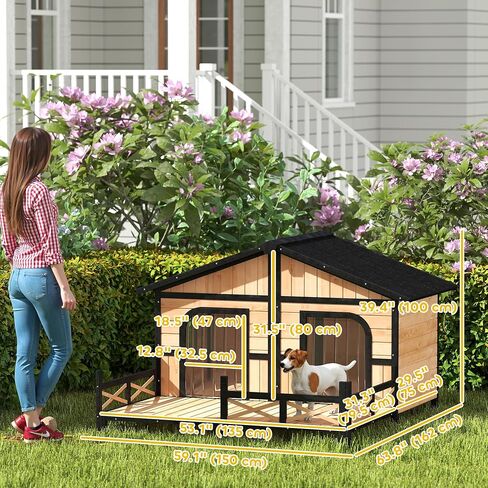 Pawhut Dog House في الهواء الطلق ، وخشب الكلب الخشبي مقاوم للعوامل الجوية مع الشرفة ، والسقف المفتوح ، القاع القابل للإزالة ، أرضية مرتفعة ، غرفة مزدوجة لسلالات صغيرة إلى متوسطة ، رمادي ، رمادي in Saudi Arabia
