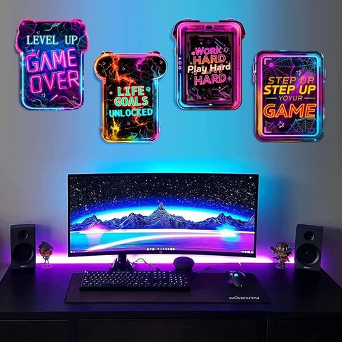 Gaming Wall Decor for Boys Room Video Game Walls Art Sign Wooden Art Print | 4 Pcs Gamer Room Hanging Sign, Neon Game Controller Wood Art Print, Inspirational Quote Plaque, for Teenage Playroom Bedroom in Saudi Arabia