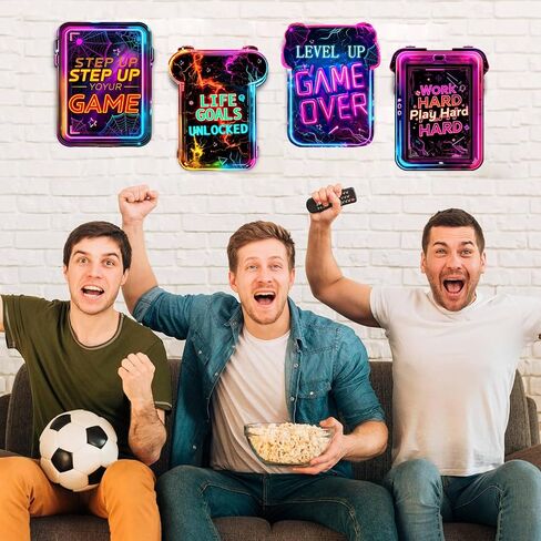 Gaming Wall Decor for Boys Room Video Game Walls Art Sign Wooden Art Print | 4 Pcs Gamer Room Hanging Sign, Neon Game Controller Wood Art Print, Inspirational Quote Plaque, for Teenage Playroom Bedroom in Saudi Arabia