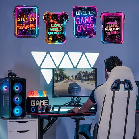 Gaming Wall Decor for Boys Room Video Game Walls Art Sign Wooden Art Print | 4 Pcs Gamer Room Hanging Sign, Neon Game Controller Wood Art Print, Inspirational Quote Plaque, for Teenage Playroom Bedroom in Saudi Arabia