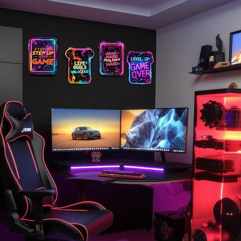 Gaming Wall Decor for Boys Room Video Game Walls Art Sign Wooden Art Print | 4 Pcs Gamer Room Hanging Sign, Neon Game Controller Wood Art Print, Inspirational Quote Plaque, for Teenage Playroom Bedroom in Saudi Arabia
