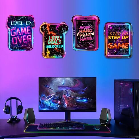 Gaming Wall Decor for Boys Room Video Game Walls Art Sign Wooden Art Print | 4 Pcs Gamer Room Hanging Sign, Neon Game Controller Wood Art Print, Inspirational Quote Plaque, for Teenage Playroom Bedroom in Saudi Arabia