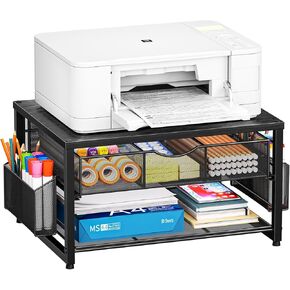 حامل طابعة معدني من Marbrasse للمكتب مع درج تخزين وحاملي أقلام، طاولة طابعة منظم سطح المكتب بطبقتين للمكتب المنزلي، منظم مكتب متعدد الأغراض لملفات الماسح الضوئي لجهاز الفاكس (أسود) in Kuwait