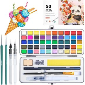 Watercolor Paint Set 100 Colors botkc Travel Water Colors kit with 7 Brushes 8 Watercolor papers Palette set Including Metallic and Accessories Art Supplies Gifts for Kids Artists Teens Adults and Hobbyists in Kuwait