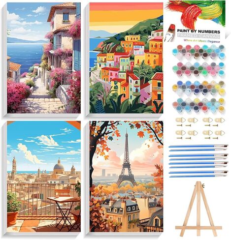 REIVWORL 4 Pack Pack Paint بأرقام للبالغين مع الحامل الخشبي ، طلاء عيد الميلاد بواسطة أرقام أرقام للمبتدئين للبالغين ، اللوحة الأكريليك حسب الرقم للديكور المنزلي 8x12 بوصة in Kuwait