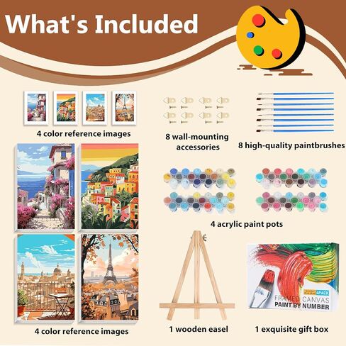 REIVWORL 4 Pack Pack Paint بأرقام للبالغين مع الحامل الخشبي ، طلاء عيد الميلاد بواسطة أرقام أرقام للمبتدئين للبالغين ، اللوحة الأكريليك حسب الرقم للديكور المنزلي 8x12 بوصة in Kuwait