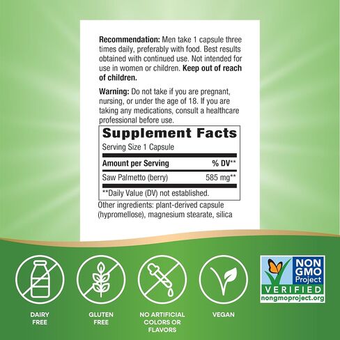 Nature's Way Saw Palmetto Berries, Traditional Prostate Support*, 585 mg per Serving, Non-GMO Project Verified, Vegan, 180 Capsules (Packaging May Vary) in Saudi Arabia