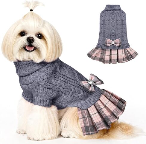 WOYYHO Dog Sweater for Small Dogs Girl Dress with Bowtie Dog Christmas Stweater Pleated Skirt with Leash Hole Winter Dogs Clothes Outfit for Puppy Chihuahua Yorkies Danchshunds Pink Leopard M in Kuwait