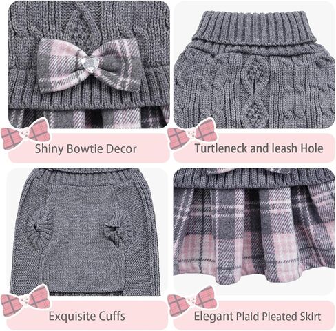 WOYYHO Dog Sweater for Small Dogs Girl Dress with Bowtie Dog Christmas Stweater Pleated Skirt with Leash Hole Winter Dogs Clothes Outfit for Puppy Chihuahua Yorkies Danchshunds Pink Leopard M in Kuwait