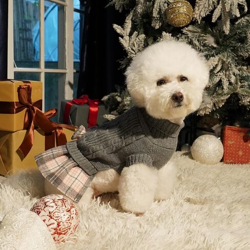 WOYYHO Dog Sweater for Small Dogs Girl Dress with Bowtie Dog Christmas Stweater Pleated Skirt with Leash Hole Winter Dogs Clothes Outfit for Puppy Chihuahua Yorkies Danchshunds Pink Leopard M in Kuwait