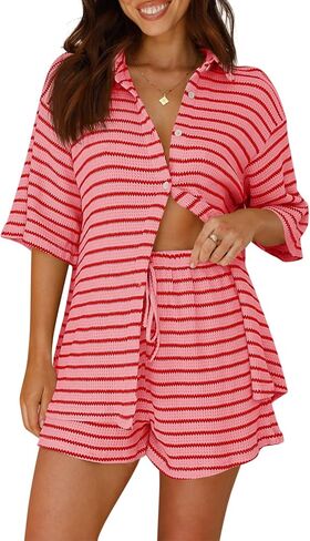 Tankaneo Womens Striped 2 Piece Sets Short Sleeve Button Down Shirt and Shorts Waffle Knit Pajama Lounge Set Summer Outfits in Saudi Arabia
